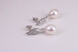30 mm Long Natural Pearl and Cubic Zirconia set Dropper Earrings, set in Solid Silver