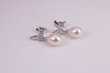 26 mm Long Natural Pearl and Cubic Zirconia set Dropper Earrings, set in Solid Silver