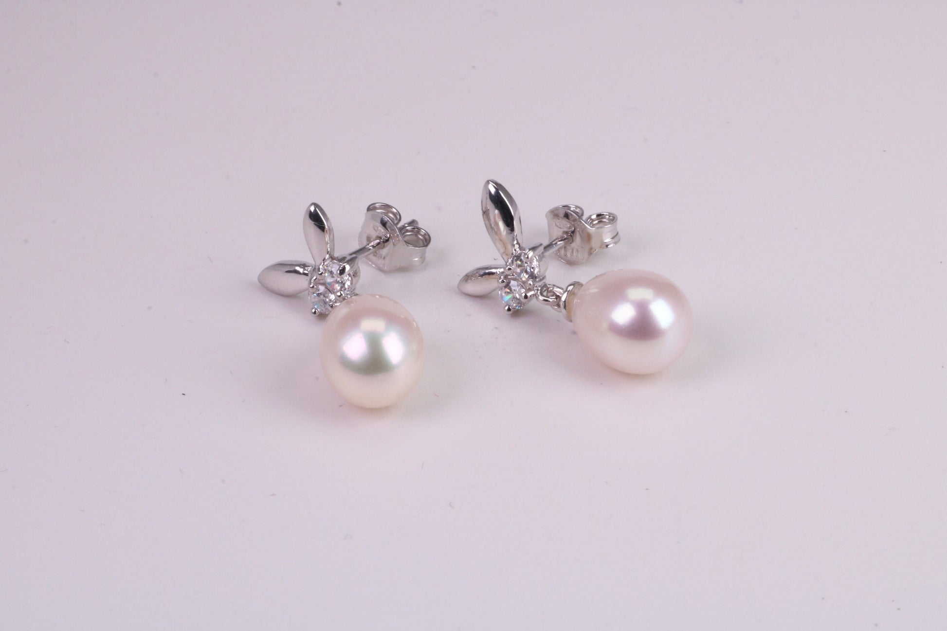 26 mm Long Natural Pearl and Cubic Zirconia set Dropper Earrings, set in Solid Silver