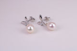 26 mm Long Natural Pearl and Cubic Zirconia set Dropper Earrings, set in Solid Silver