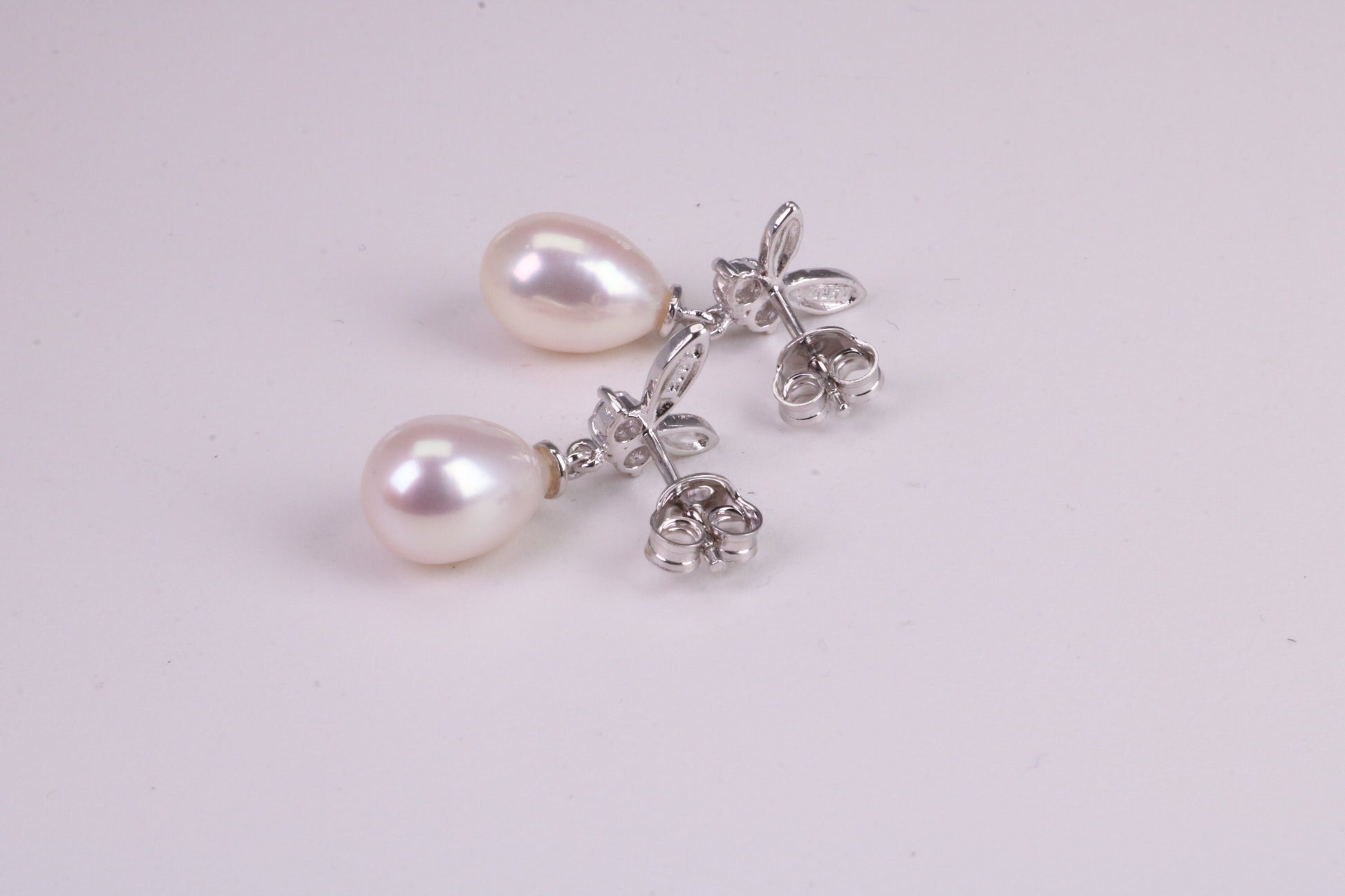 26 mm Long Natural Pearl and Cubic Zirconia set Dropper Earrings, set in Solid Silver