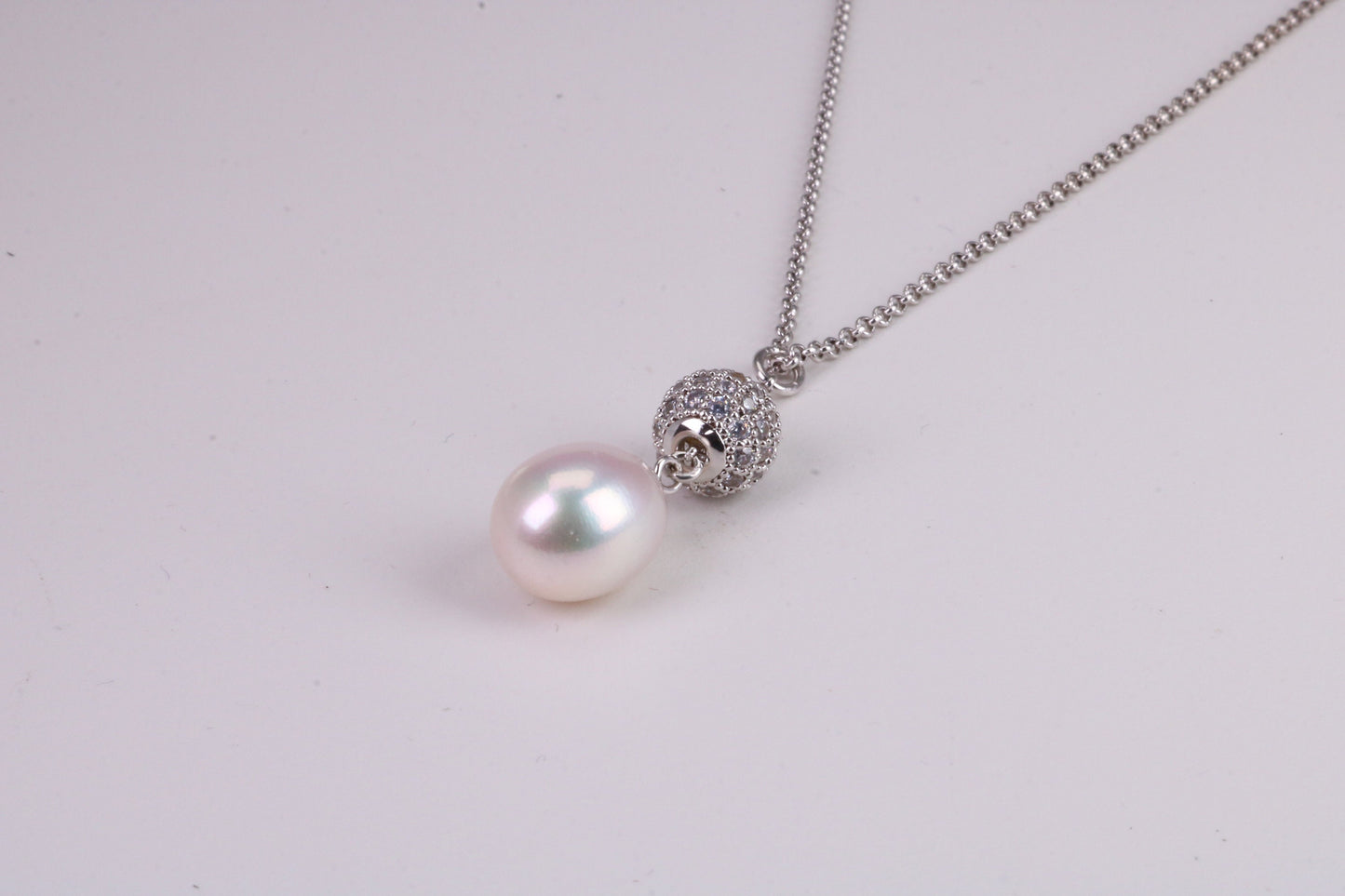 Natural Pearl and Cubic Zirconia set Necklace set in Solid Silver, 18ct Yellow Gold Plated, Length Adjustable Chain