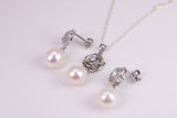 Natural Pearl and Cubic Zirconia set Necklace and Matching Earrings, set in Solid Silver, Length Adjustable Chain