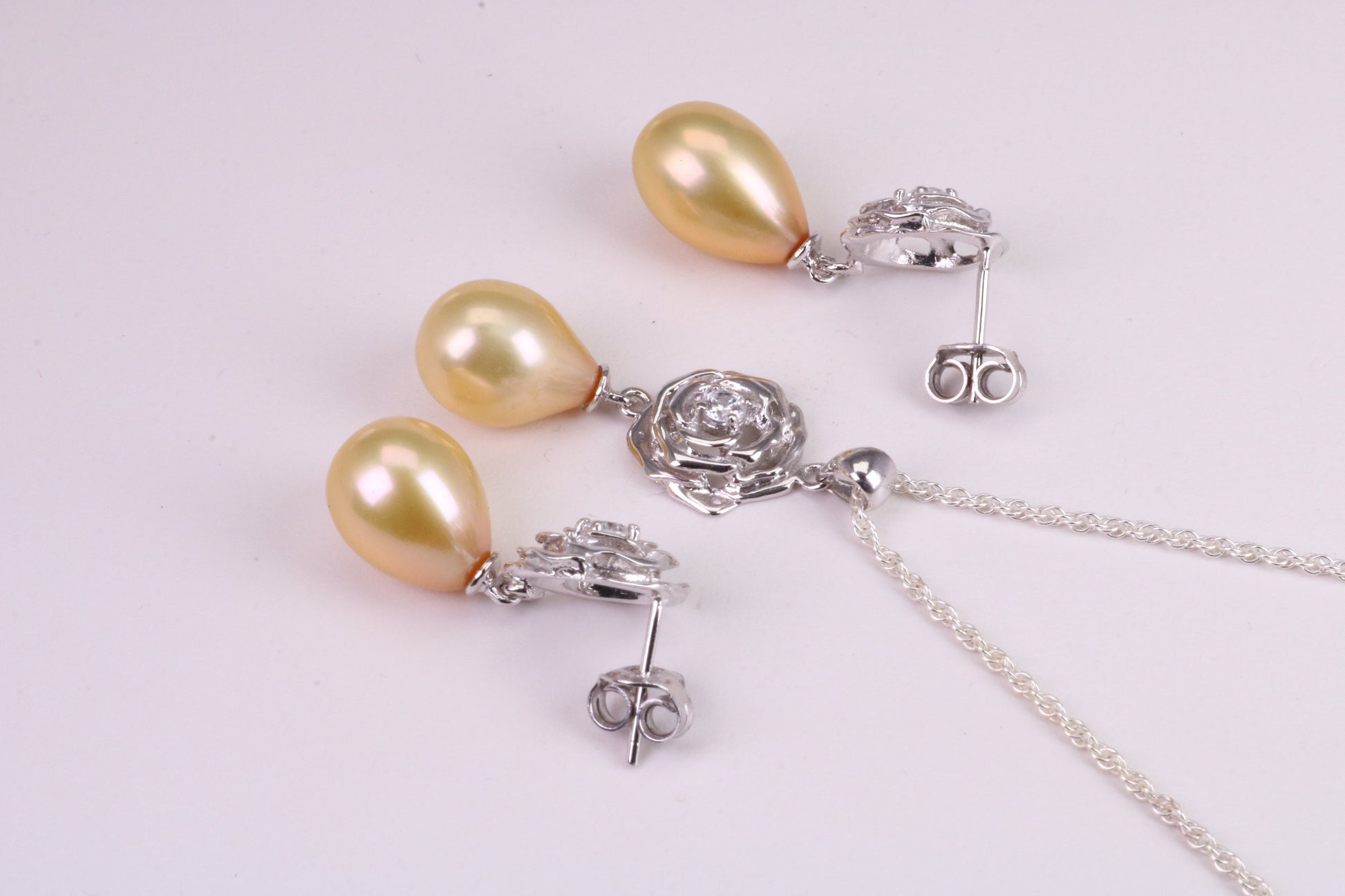 Natural Pearl and Cubic Zirconia set Necklace and Matching Earrings, set in Solid Silver