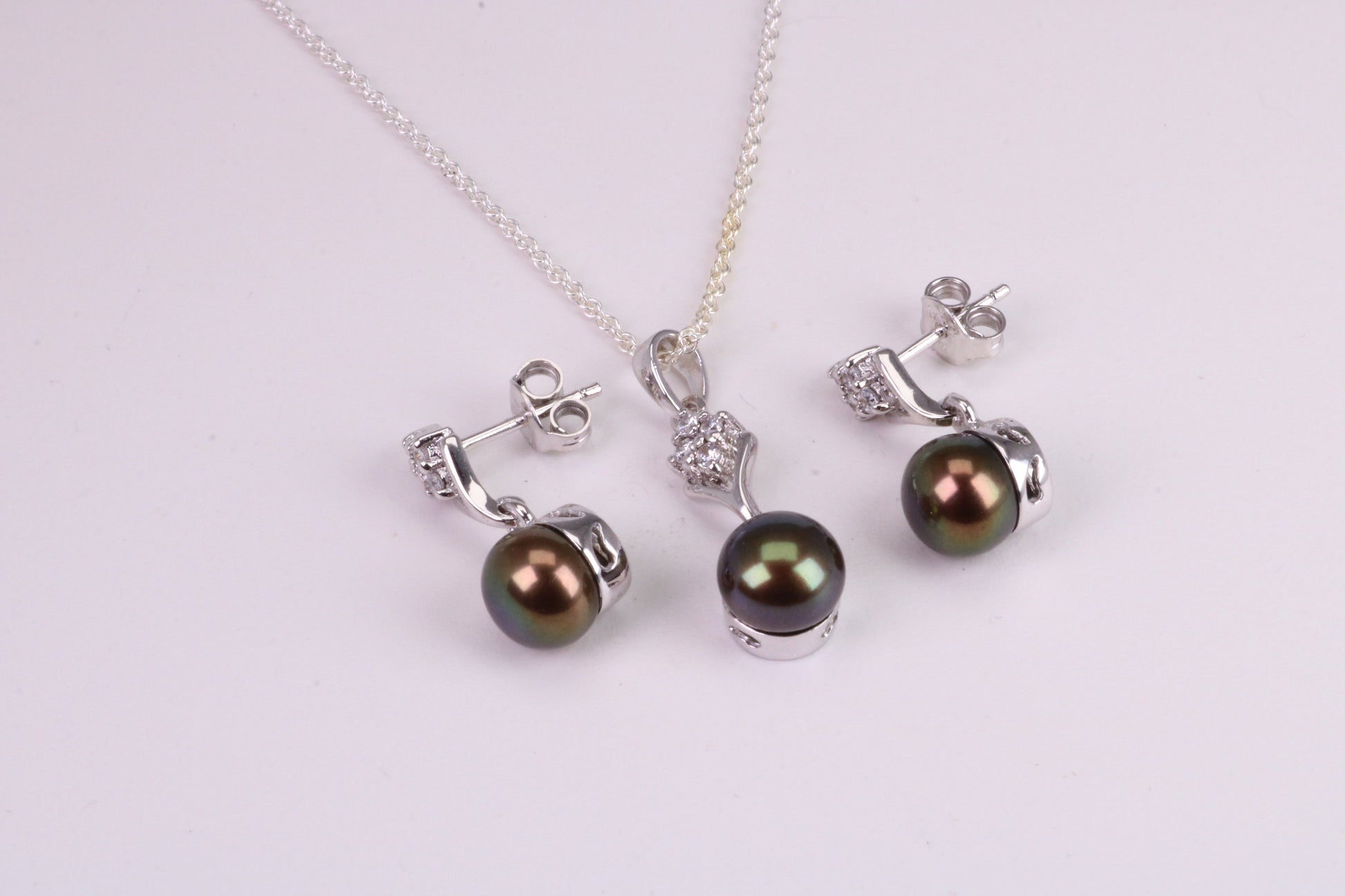 Natural Aubergine Coloured Pearl and Cubic Zirconia set Necklace and Matching Earrings, set in Solid Silver