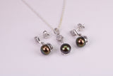 Natural Aubergine Coloured Pearl and Cubic Zirconia set Necklace and Matching Earrings, set in Solid Silver