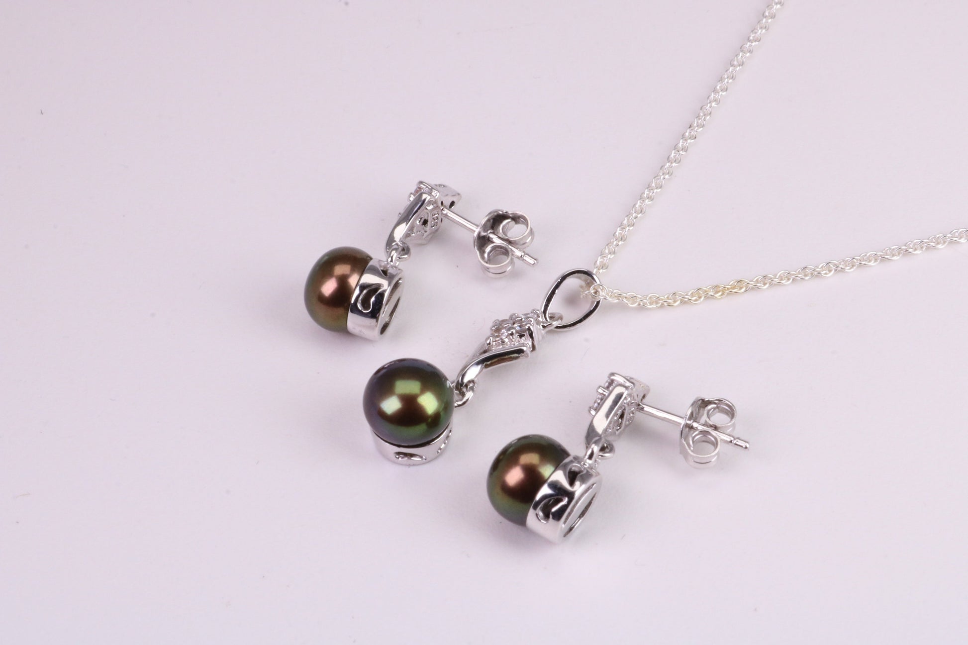 Natural Aubergine Coloured Pearl and Cubic Zirconia set Necklace and Matching Earrings, set in Solid Silver