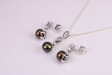Natural Aubergine Coloured Pearl and Cubic Zirconia set Necklace and Matching Earrings, set in Solid Silver