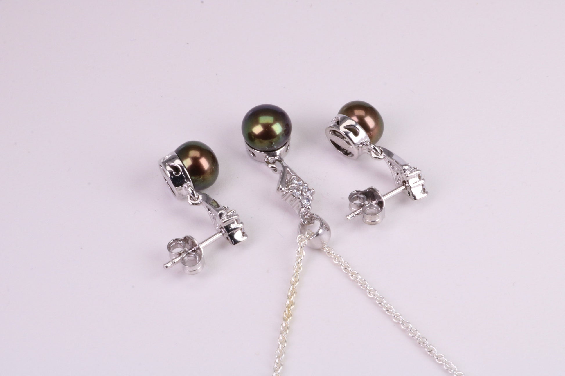 Natural Aubergine Coloured Pearl and Cubic Zirconia set Necklace and Matching Earrings, set in Solid Silver
