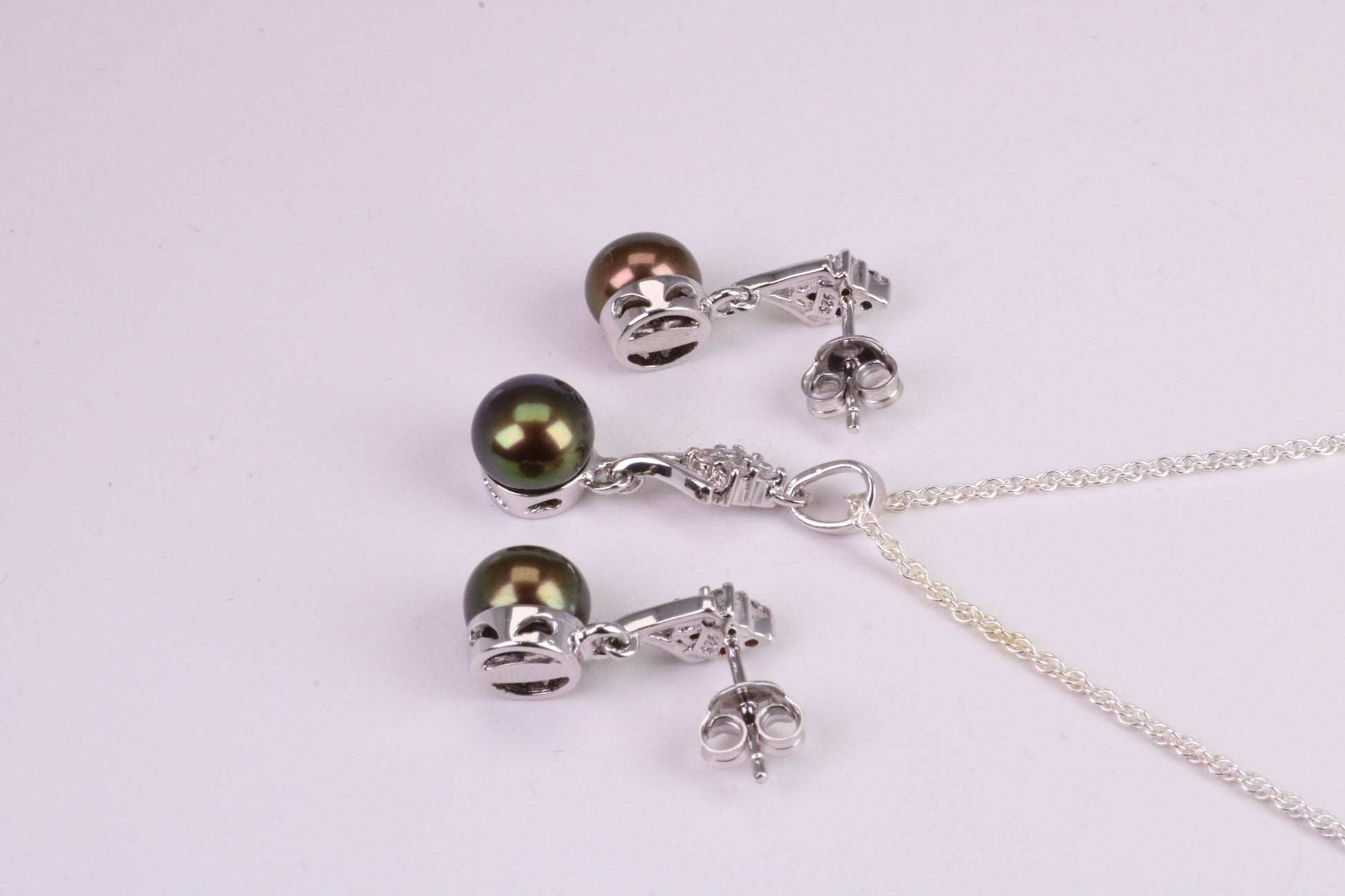 Natural Aubergine Coloured Pearl and Cubic Zirconia set Necklace and Matching Earrings, set in Solid Silver
