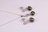 Natural Aubergine Coloured Pearl and Cubic Zirconia set Necklace and Matching Earrings, set in Solid Silver