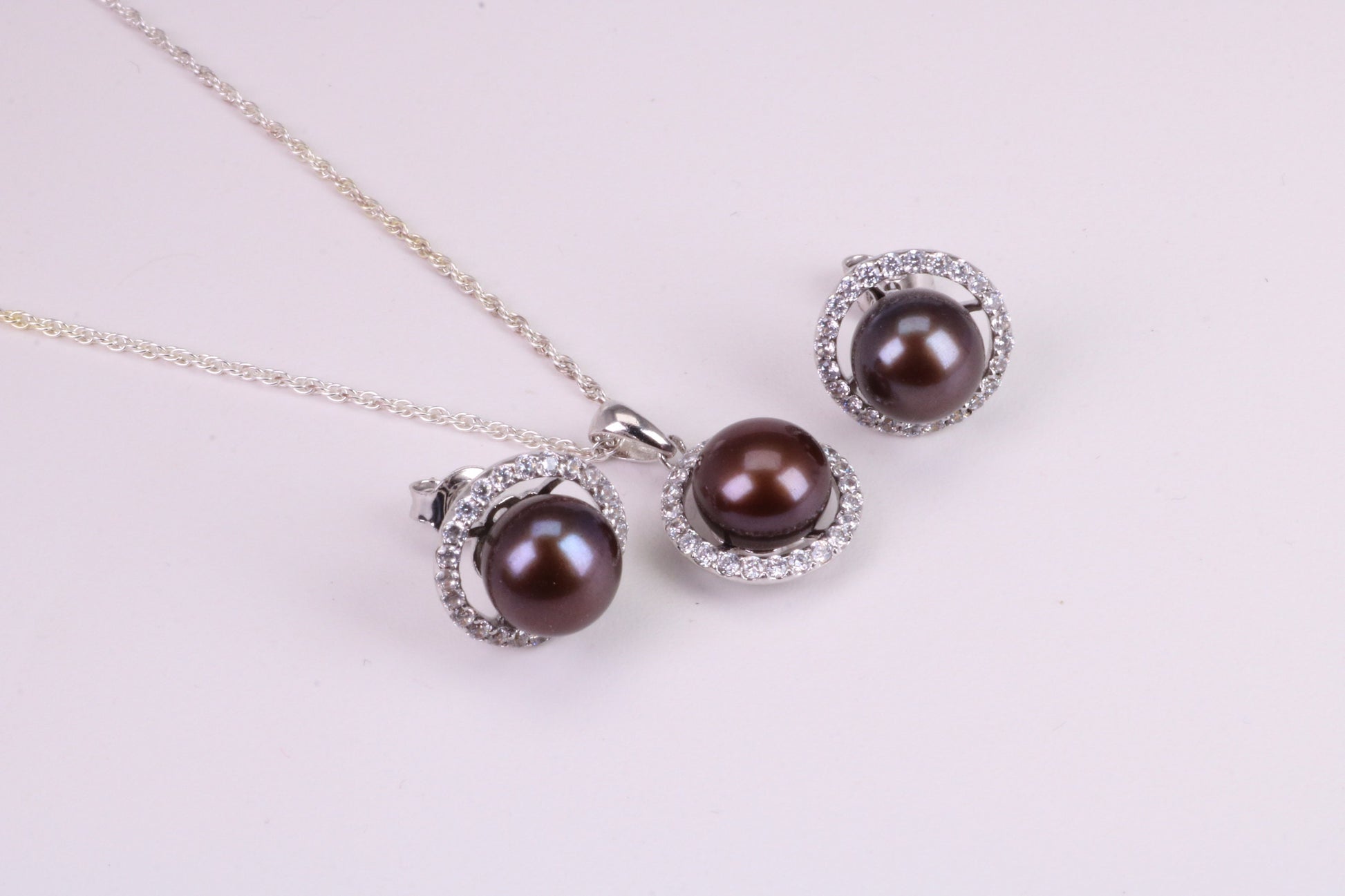 Natural Black Coloured Pearl and Cubic Zirconia set Necklace and Matching Earrings, set in Solid Silver