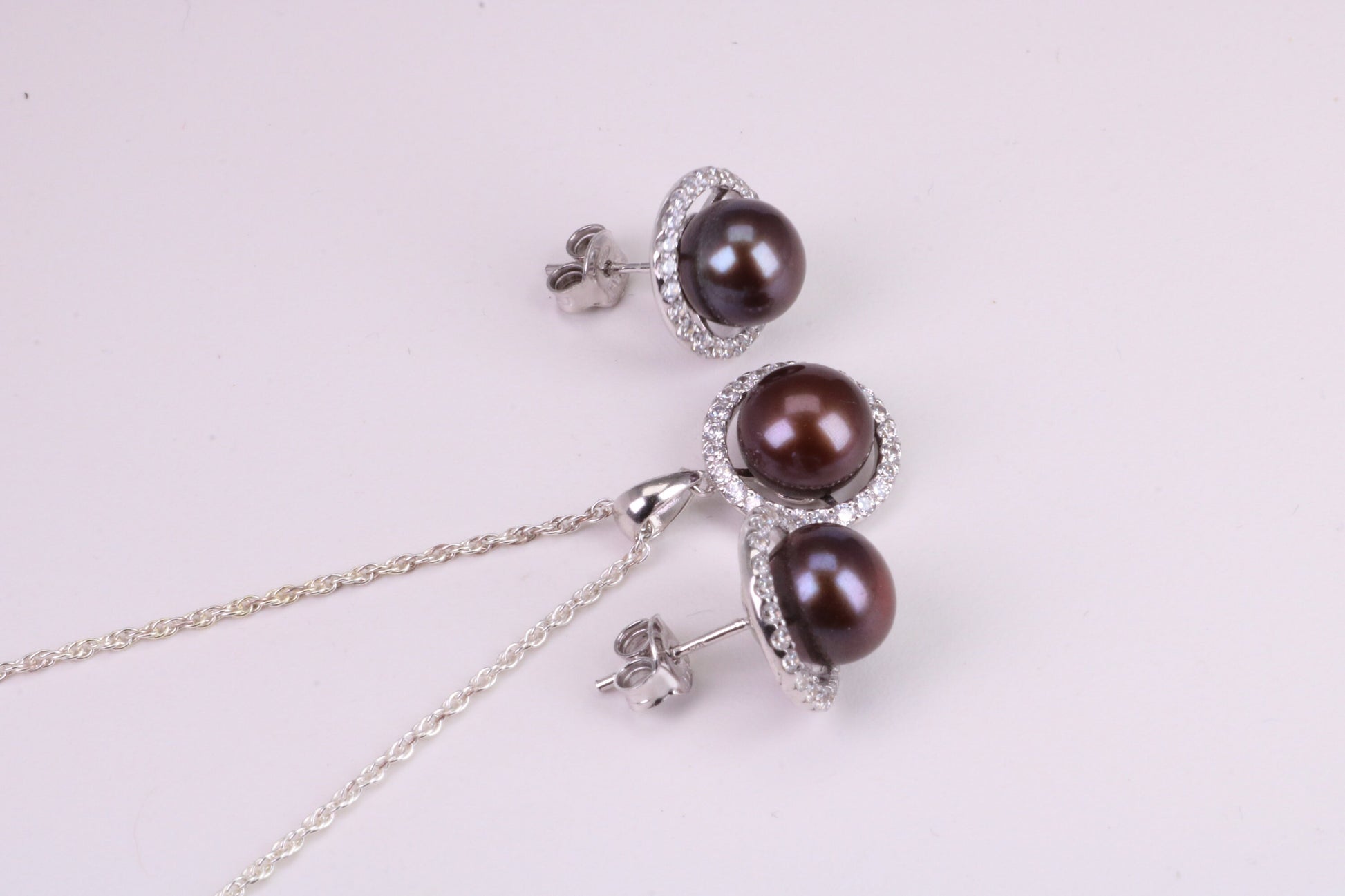 Natural Black Coloured Pearl and Cubic Zirconia set Necklace and Matching Earrings, set in Solid Silver