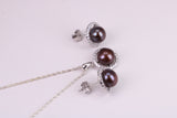 Natural Black Coloured Pearl and Cubic Zirconia set Necklace and Matching Earrings, set in Solid Silver