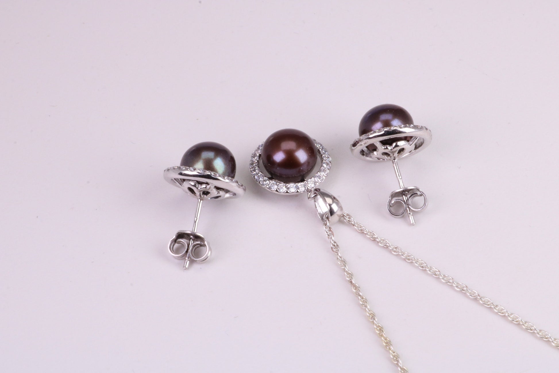Natural Black Coloured Pearl and Cubic Zirconia set Necklace and Matching Earrings, set in Solid Silver