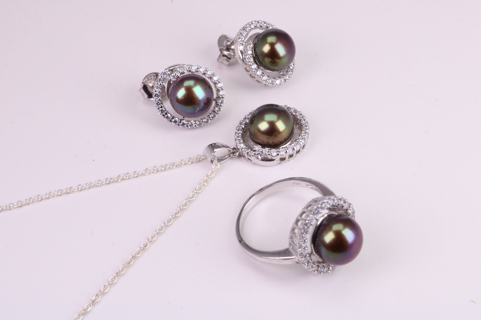 Natural Pearl and Cubic Zirconia set Necklace, Ring and Matching Earrings, set in Solid Silver
