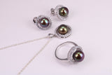 Natural Pearl and Cubic Zirconia set Necklace, Ring and Matching Earrings, set in Solid Silver