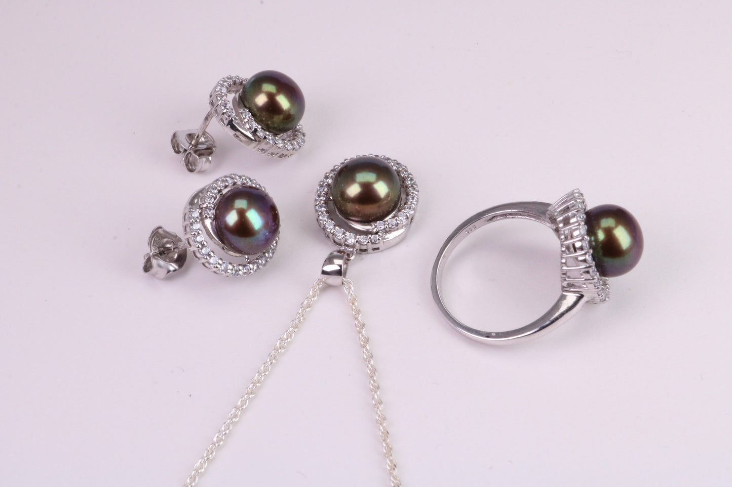 Natural Pearl and Cubic Zirconia set Necklace, Ring and Matching Earrings, set in Solid Silver