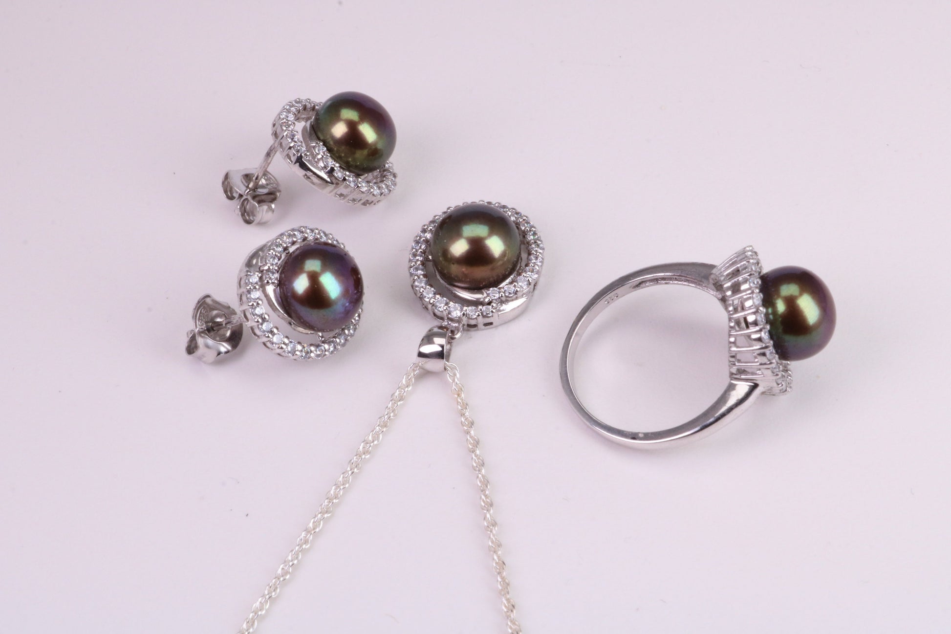 Natural Pearl and Cubic Zirconia set Necklace, Ring and Matching Earrings, set in Solid Silver