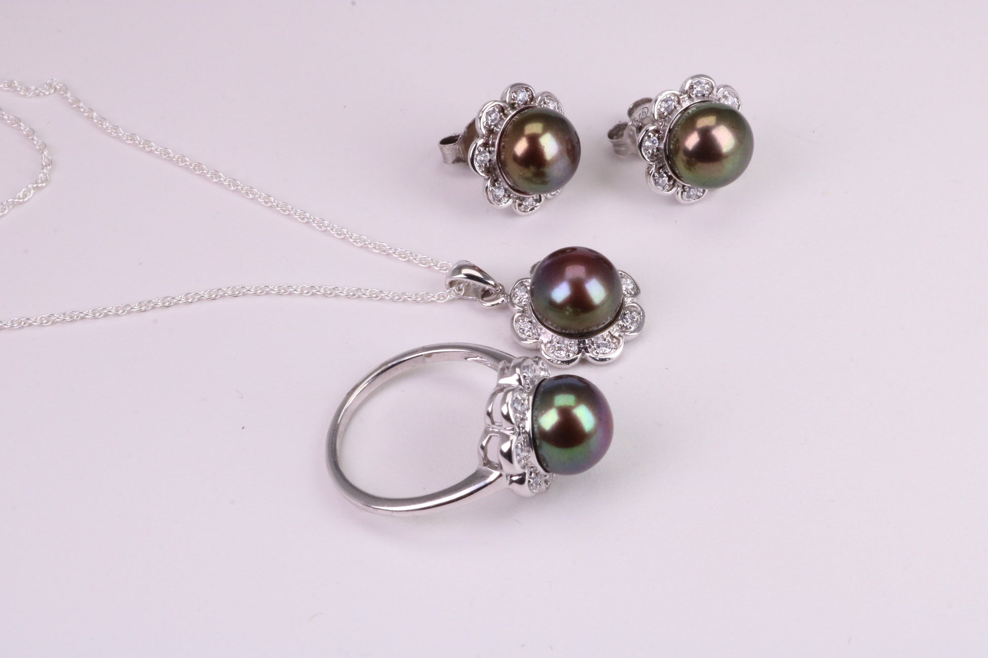 Natural Black Pearl and Cubic Zirconia set Necklace, Ring and Matching Earrings, set in Solid Silver