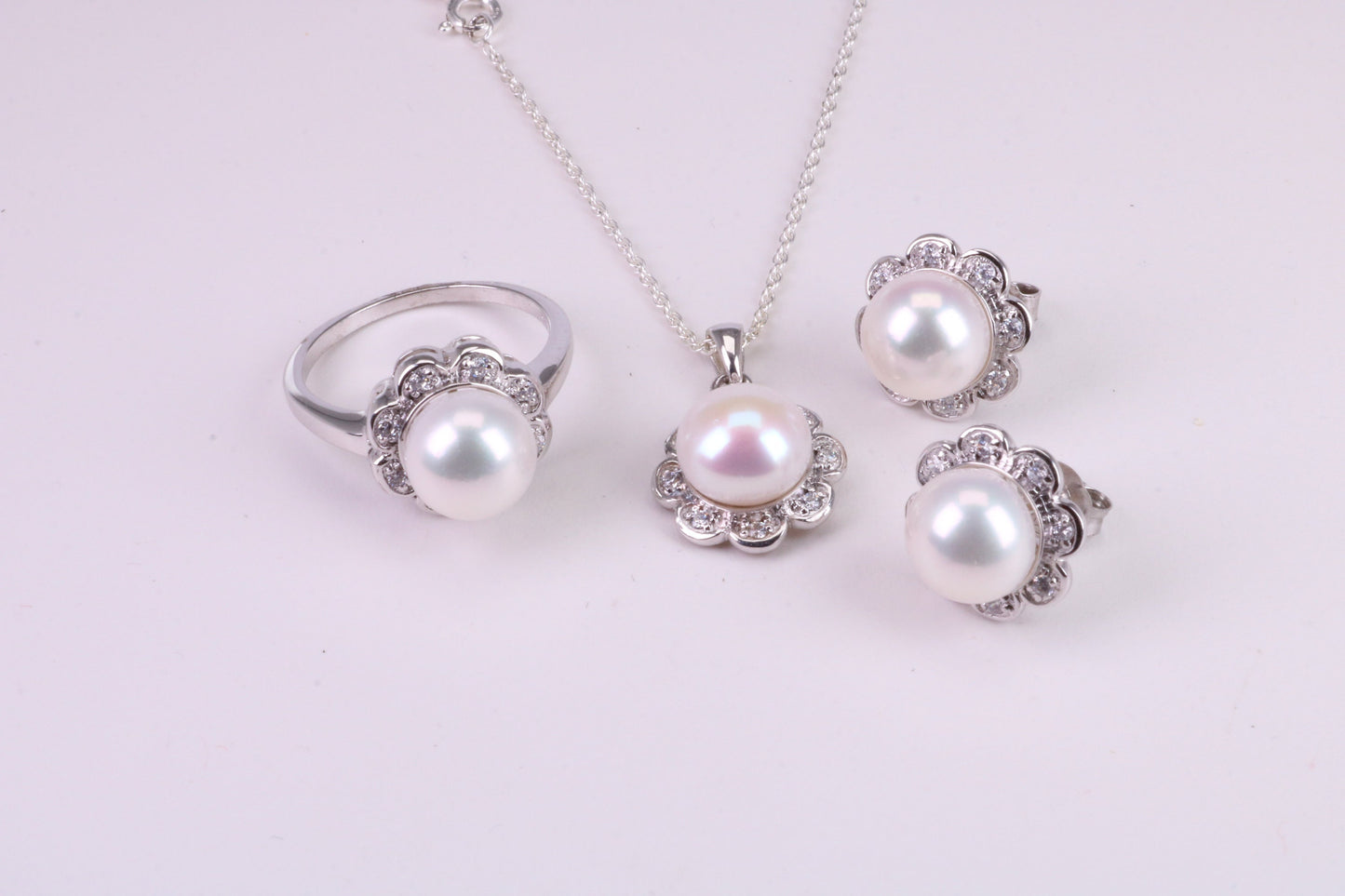 Natural Pearl and Cubic Zirconia set Necklace, Ring and Matching Earrings, set in Solid Silver