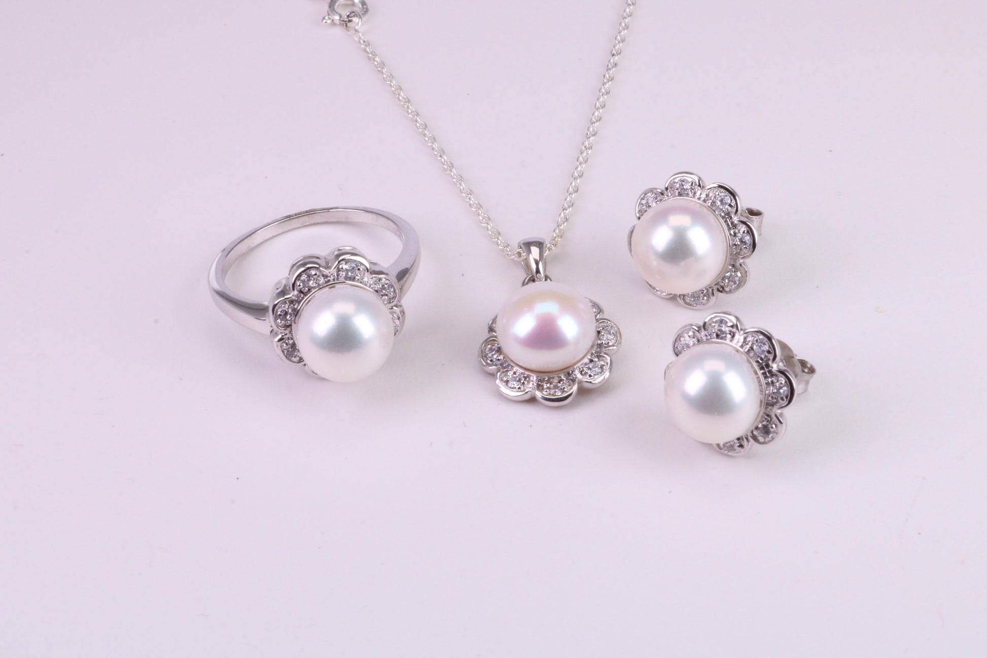 Natural Pearl and Cubic Zirconia set Necklace, Ring and Matching Earrings, set in Solid Silver