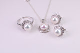 Natural Pearl and Cubic Zirconia set Necklace, Ring and Matching Earrings, set in Solid Silver
