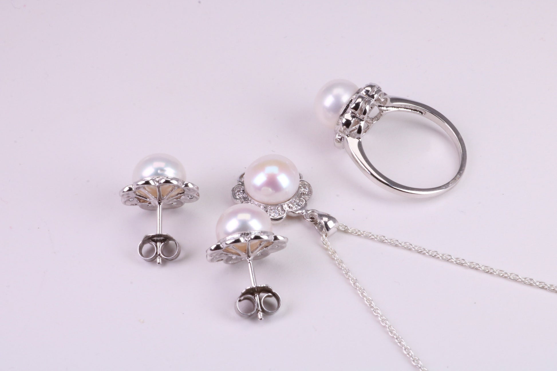 Natural Pearl and Cubic Zirconia set Necklace, Ring and Matching Earrings, set in Solid Silver