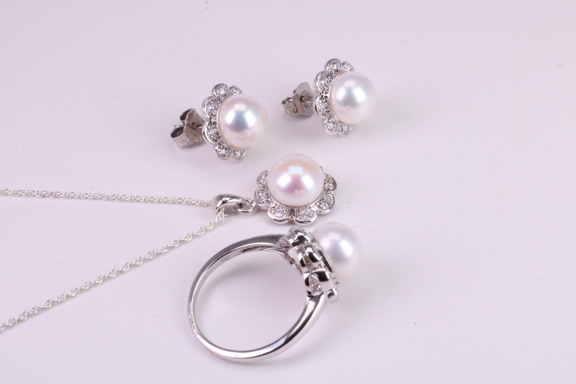 Natural Pearl and Cubic Zirconia set Necklace, Ring and Matching Earrings, set in Solid Silver