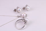Natural Pearl and Cubic Zirconia set Necklace, Ring and Matching Earrings, set in Solid Silver
