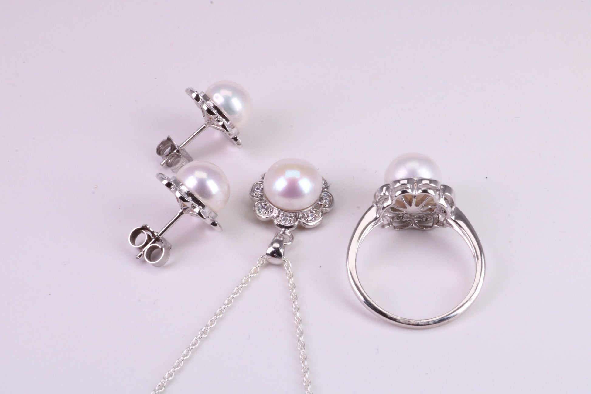 Natural Pearl and Cubic Zirconia set Necklace, Ring and Matching Earrings, set in Solid Silver