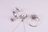 Natural Pearl and Cubic Zirconia set Necklace, Ring and Matching Earrings, set in Solid Silver