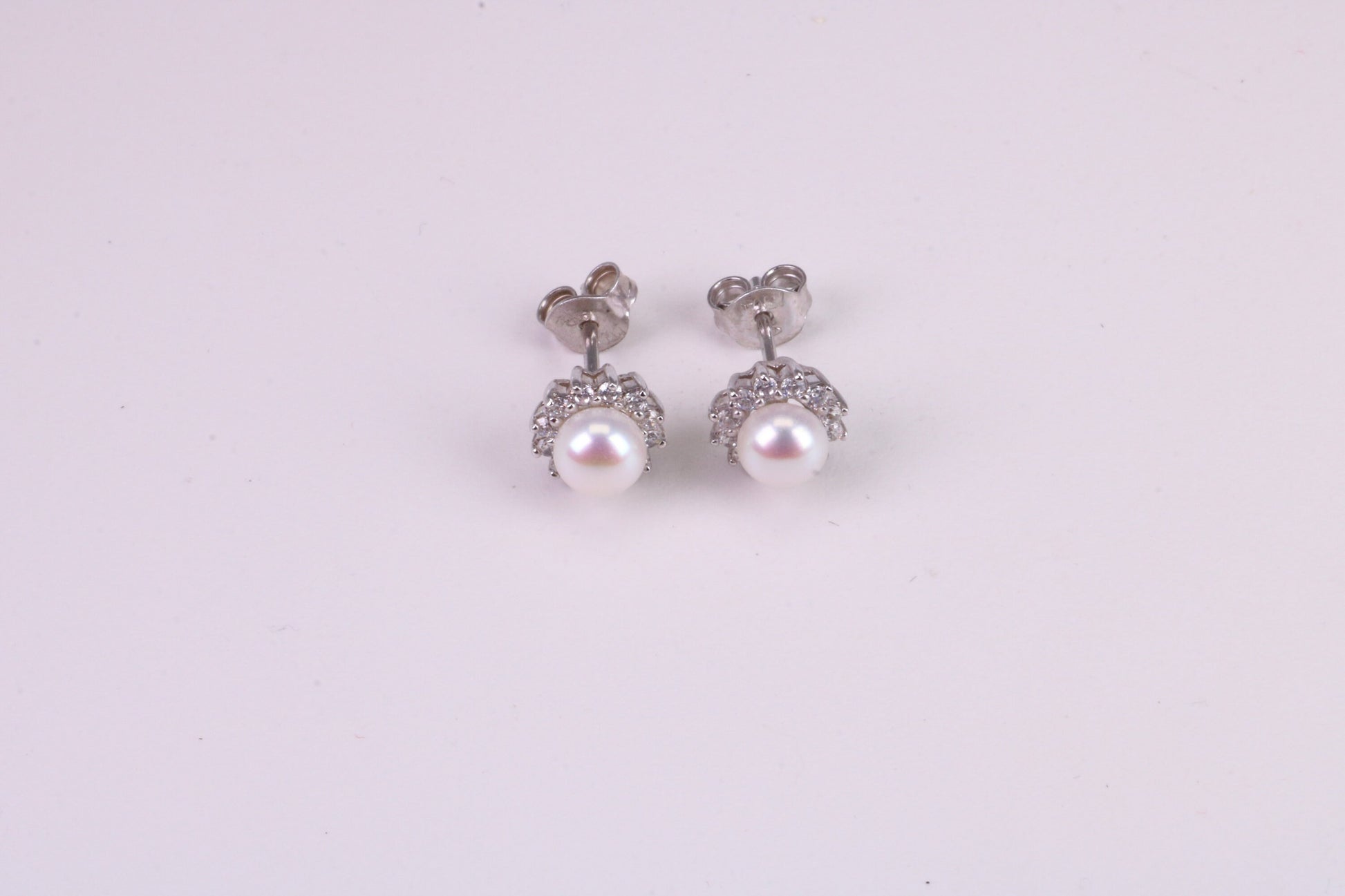 Dainty 8 mm Round Natural Pearl and Cubic Zirconia set Stud Earrings, set in Solid Silver