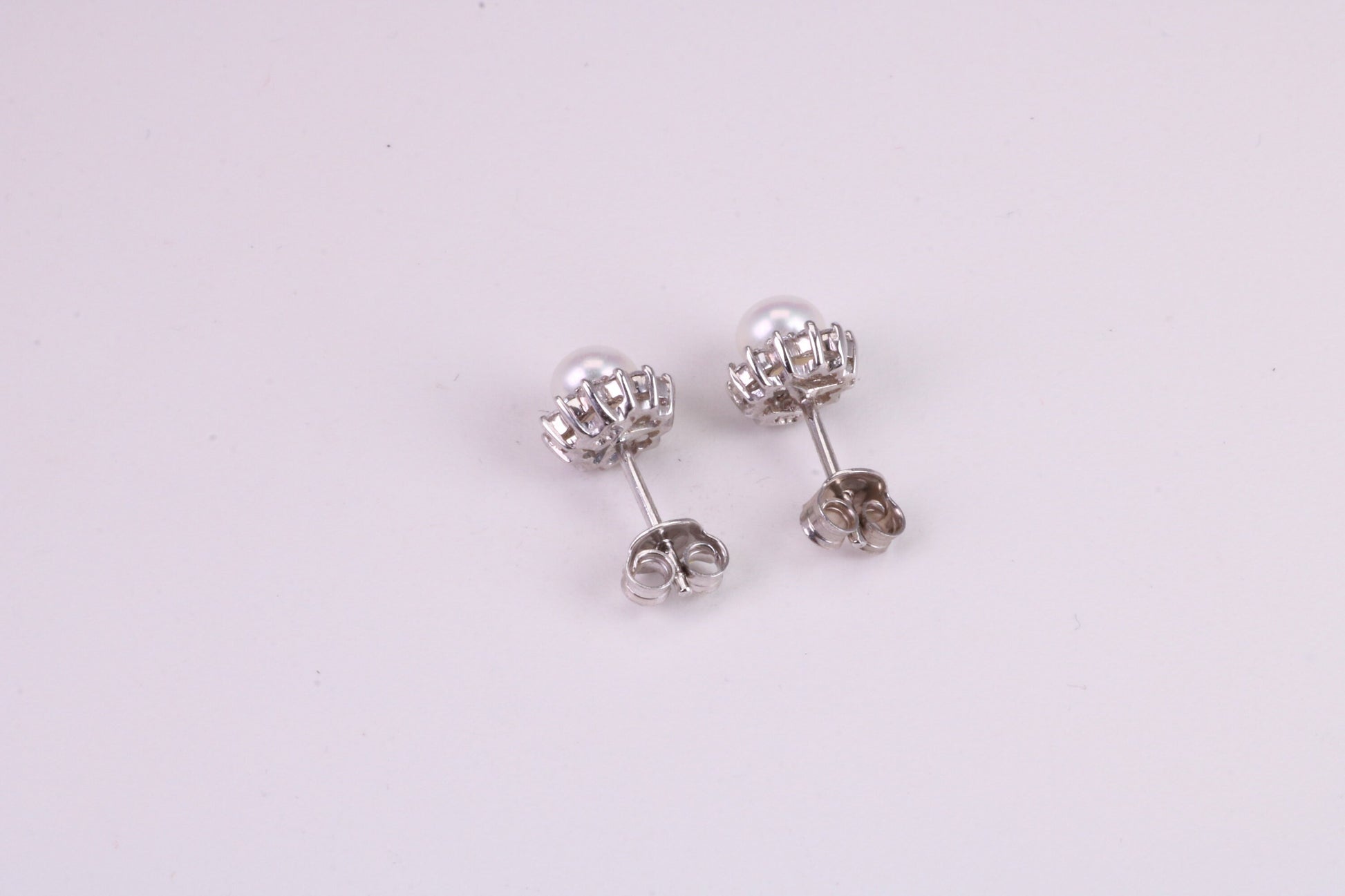 Dainty 8 mm Round Natural Pearl and Cubic Zirconia set Stud Earrings, set in Solid Silver