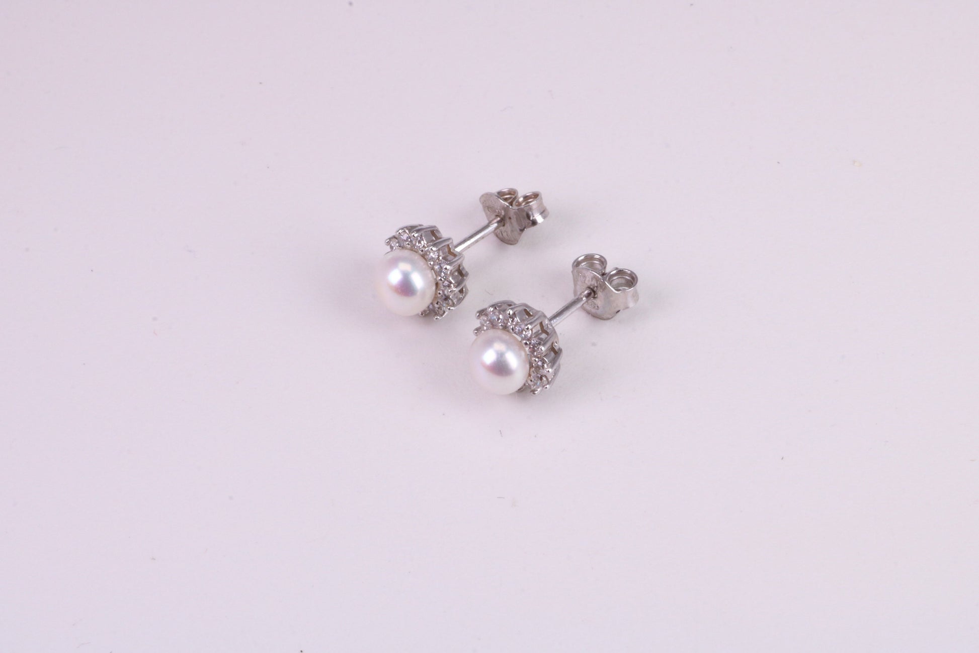 Dainty 8 mm Round Natural Pearl and Cubic Zirconia set Stud Earrings, set in Solid Silver