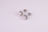 Dainty 8 mm Round Natural Pearl and Cubic Zirconia set Stud Earrings, set in Solid Silver