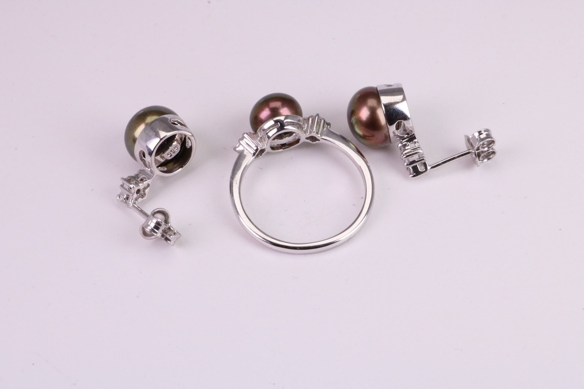 Natural Black Pearl and Cubic Zirconia set Ring and Matching Earrings, set in Solid Silver