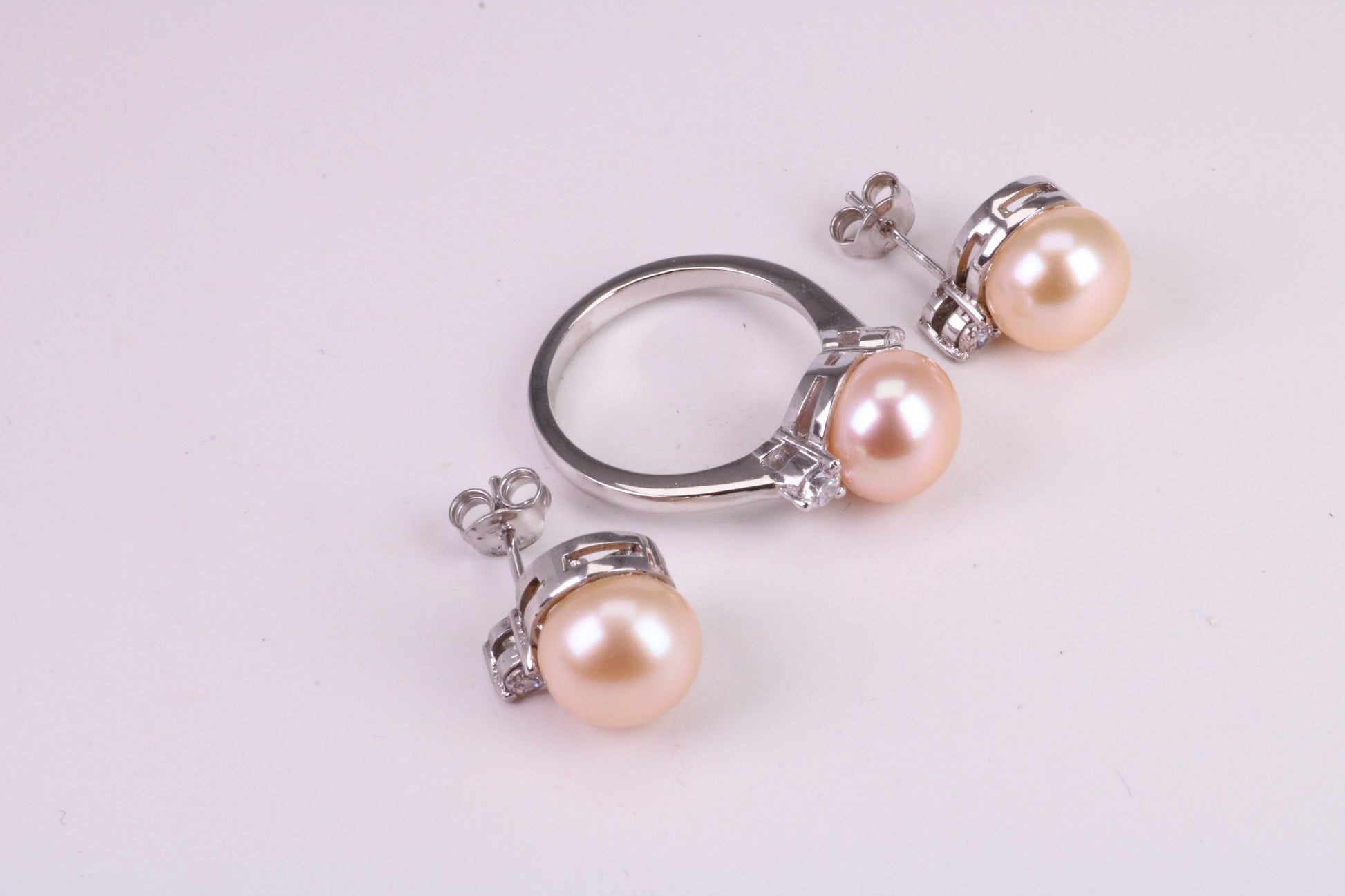 Natural Pearl and Cubic Zirconia set Ring and Matching Earrings, set in Solid Silver