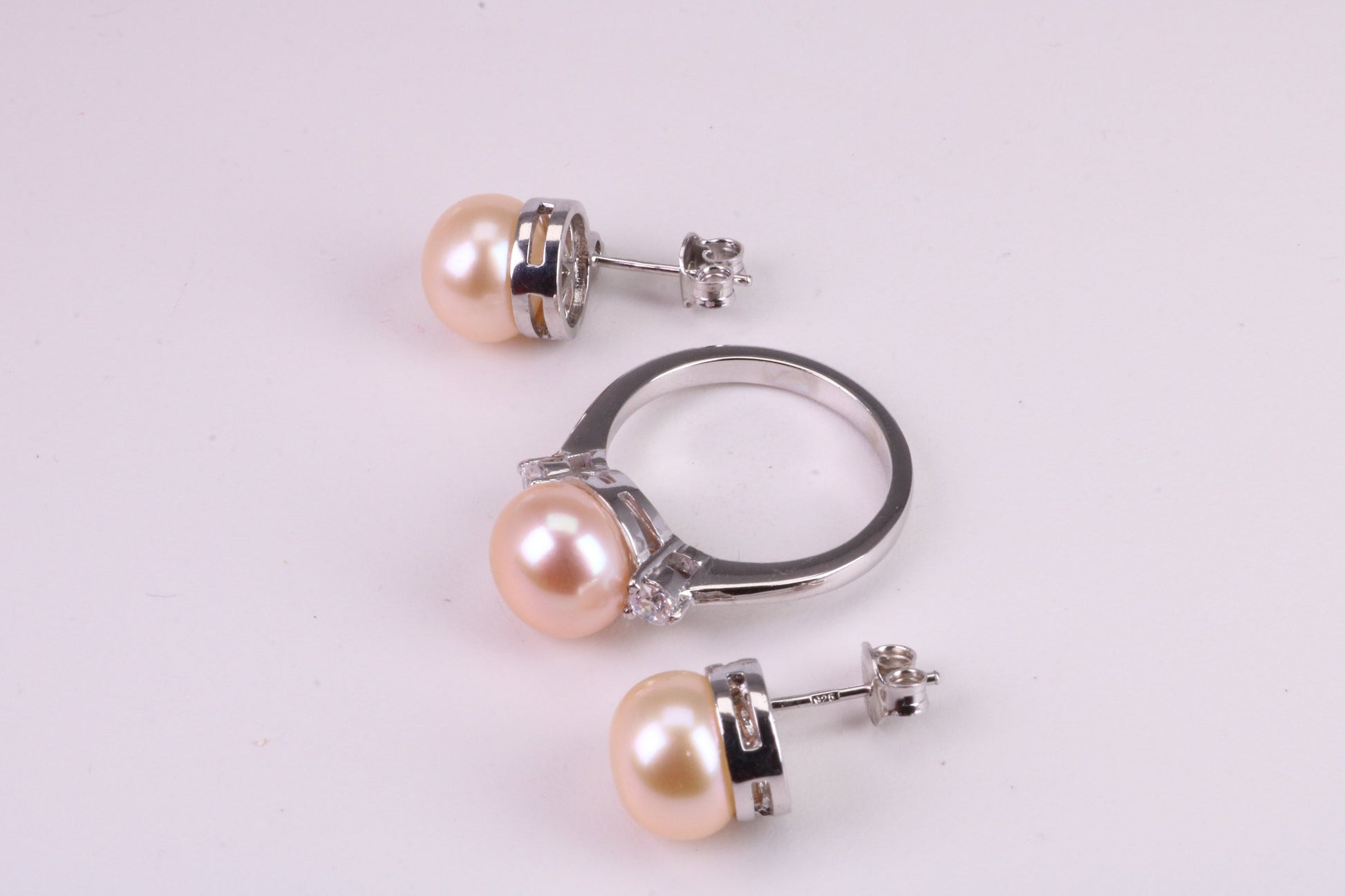 Natural Pearl and Cubic Zirconia set Ring and Matching Earrings, set in Solid Silver