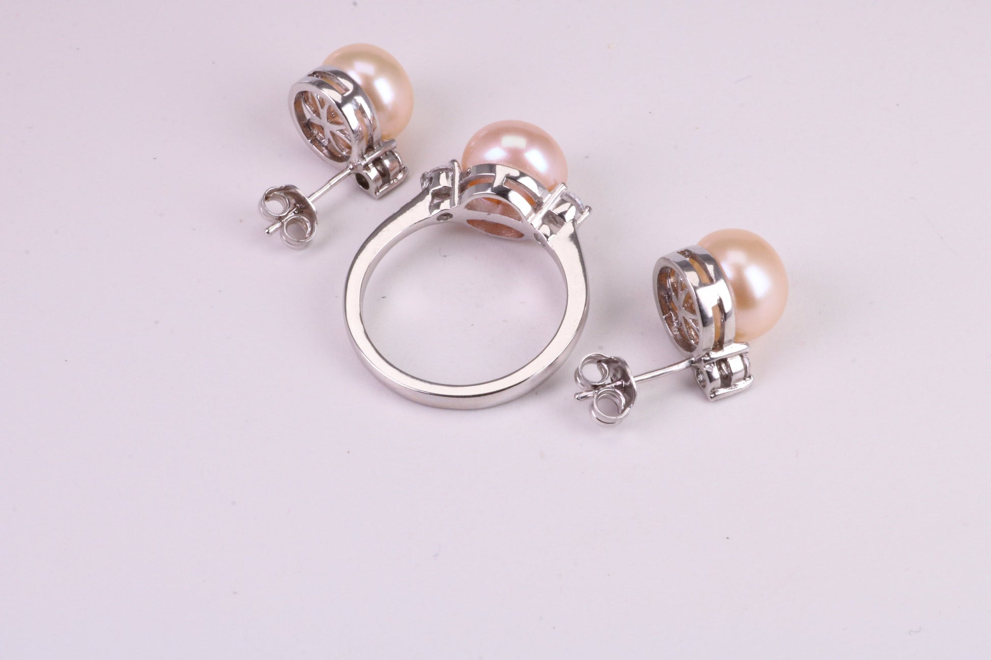 Natural Pearl and Cubic Zirconia set Ring and Matching Earrings, set in Solid Silver