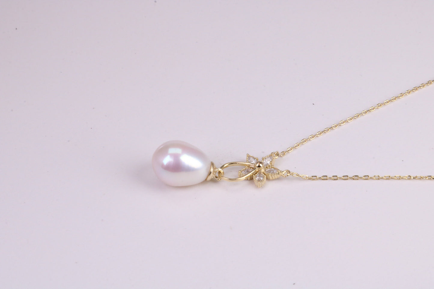 Natural Pearl and Cubic Zirconia set Necklace set in Solid Silver, 18ct Yellow Gold Plated, Length Adjustable Chain
