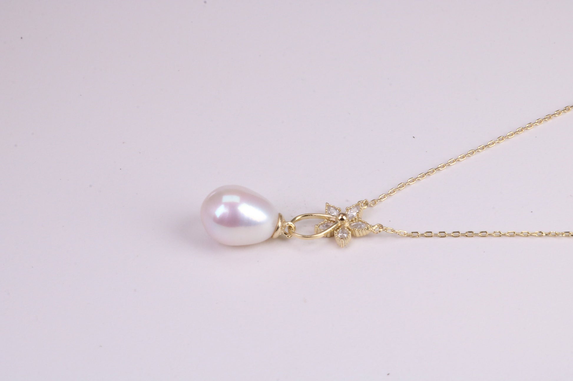 Natural Pearl and Cubic Zirconia set Necklace set in Solid Silver, 18ct Yellow Gold Plated, Length Adjustable Chain