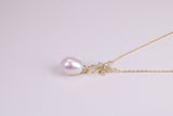 Natural Pearl and Cubic Zirconia set Necklace set in Solid Silver, 18ct Yellow Gold Plated, Length Adjustable Chain