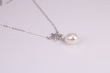 Natural Pearl and Cubic Zirconia set Necklace set in Solid Silver, 18ct Yellow Gold Plated, Length Adjustable Chain