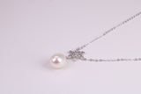 Natural Pearl and Cubic Zirconia set Necklace set in Solid Silver, 18ct Yellow Gold Plated, Length Adjustable Chain