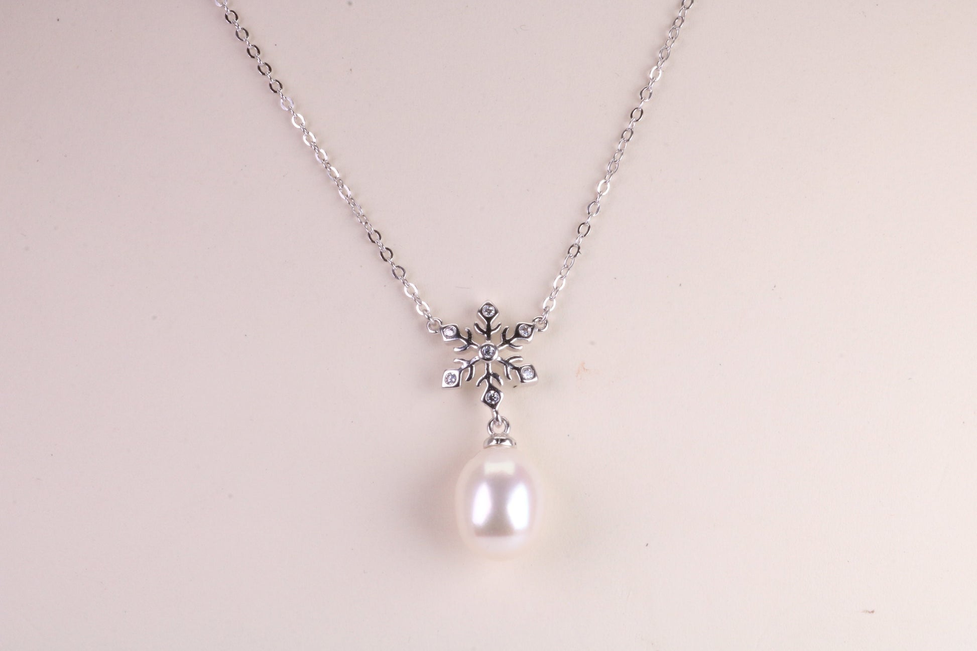 Natural Pearl and Cubic Zirconia set Necklace set in Solid Silver, 18ct Yellow Gold Plated, Length Adjustable Chain