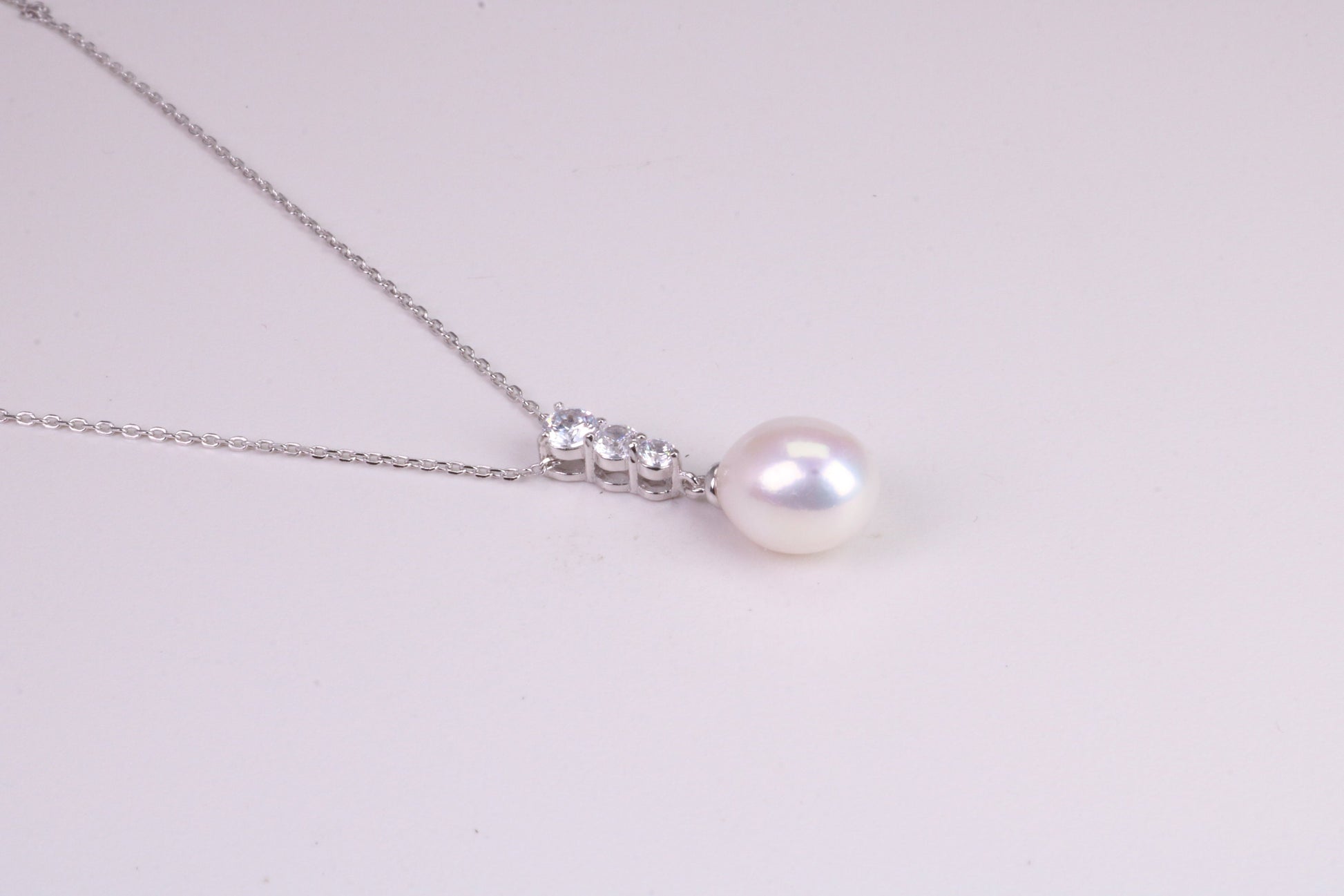 Natural Pearl and Cubic Zirconia set Necklace set in Solid Silver, 18ct Yellow Gold Plated, Length Adjustable Chain