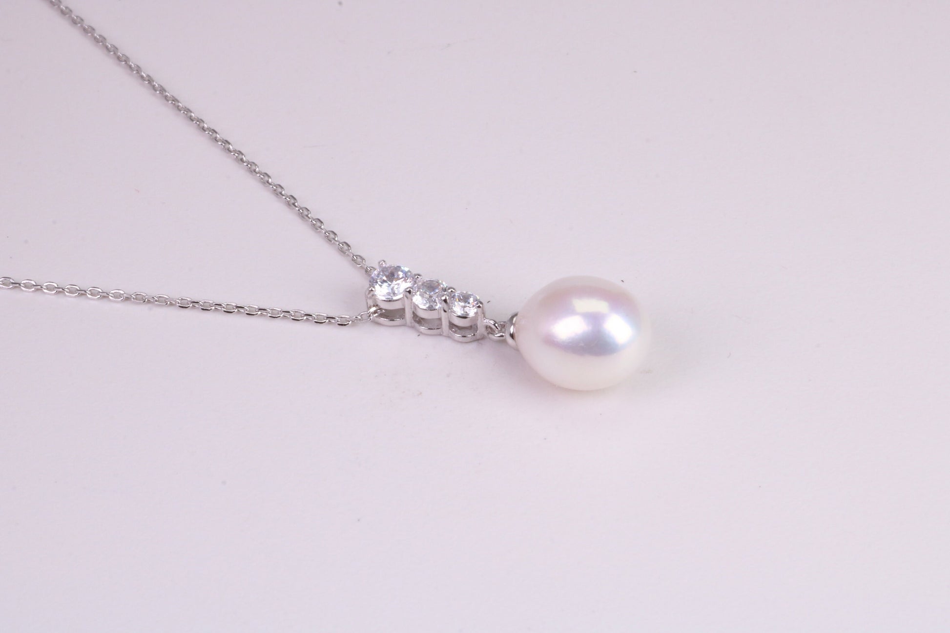 Natural Pearl and Cubic Zirconia set Necklace set in Solid Silver, 18ct Yellow Gold Plated, Length Adjustable Chain