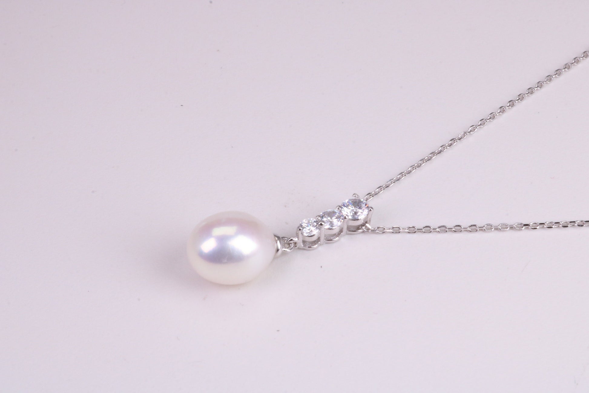 Natural Pearl and Cubic Zirconia set Necklace set in Solid Silver, 18ct Yellow Gold Plated, Length Adjustable Chain