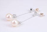 45 mm Long Natural Pearl and Cubic Zirconia set Dropper Earrings, set in Solid Silver